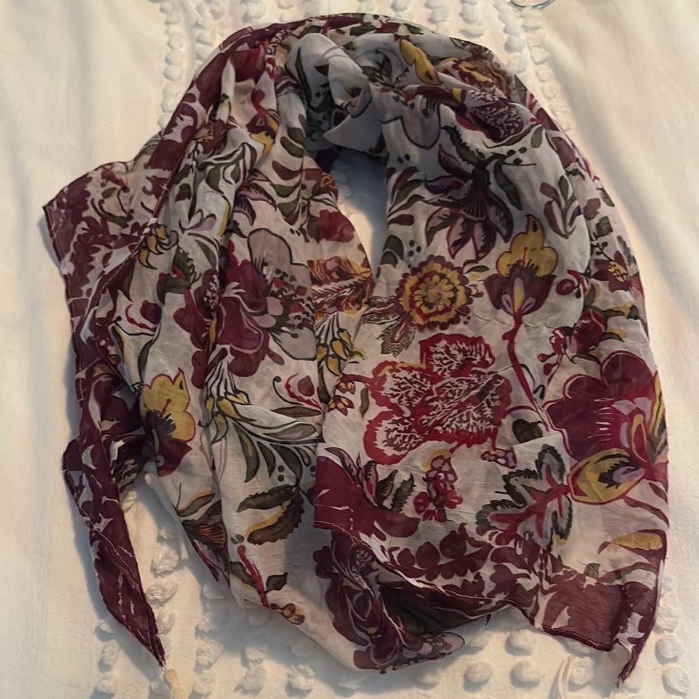 Floral Scarf with Burgundy and Yellow Accents